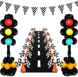 179 Pcs Racing Birthday Party Decorations Includes 141 Traffic Lights Balloon Stand Set 12 Traffic Cones 24 Racing Waving Flags 1 Grid String Flags 1 Racetrack Floor Runner