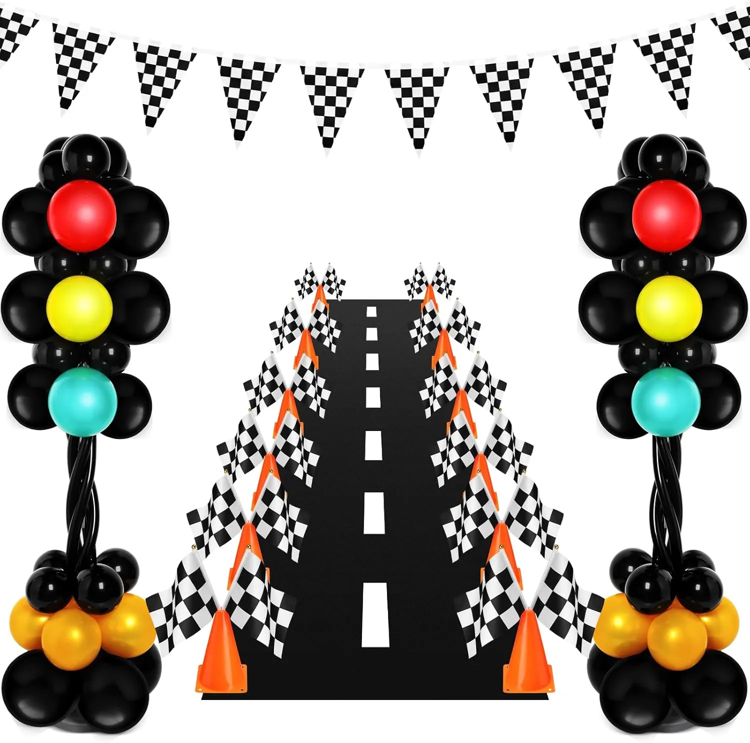 179 Pcs Racing Birthday Party Decorations Includes 141 Traffic Lights Balloon Stand Set 12 Traffic Cones 24 Racing Waving Flags 1 Grid String Flags 1 Racetrack Floor Runner