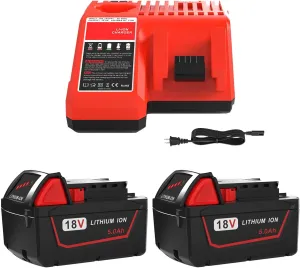 2 Pack 5.0Ah Replacement for Milwaukee M18 Lithium ion Battery 48-11-1850 and Charger Combo, Compatible with M18 Cordless Power Tools 18V Lithium Battery, and Milwaukee 18V Battery Charger