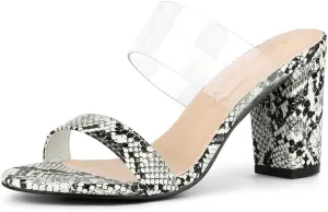 Allegra K Women's Snake Print Block Heel Snakeskin Heels Slide Sandals