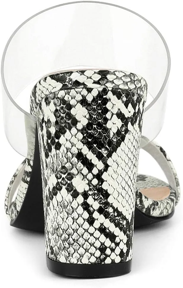 Allegra K Women's Snake Print Block Heel Snakeskin Heels Slide Sandals