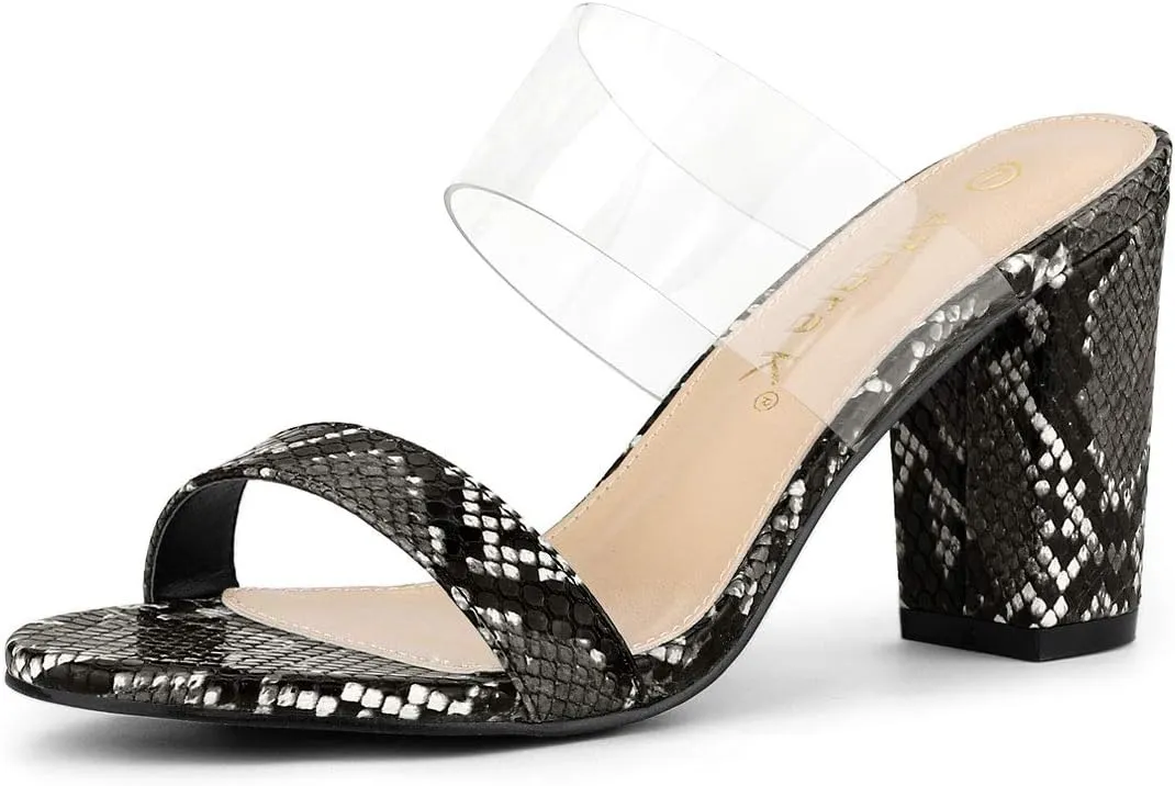 Allegra K Women's Snake Print Block Heel Snakeskin Heels Slide Sandals