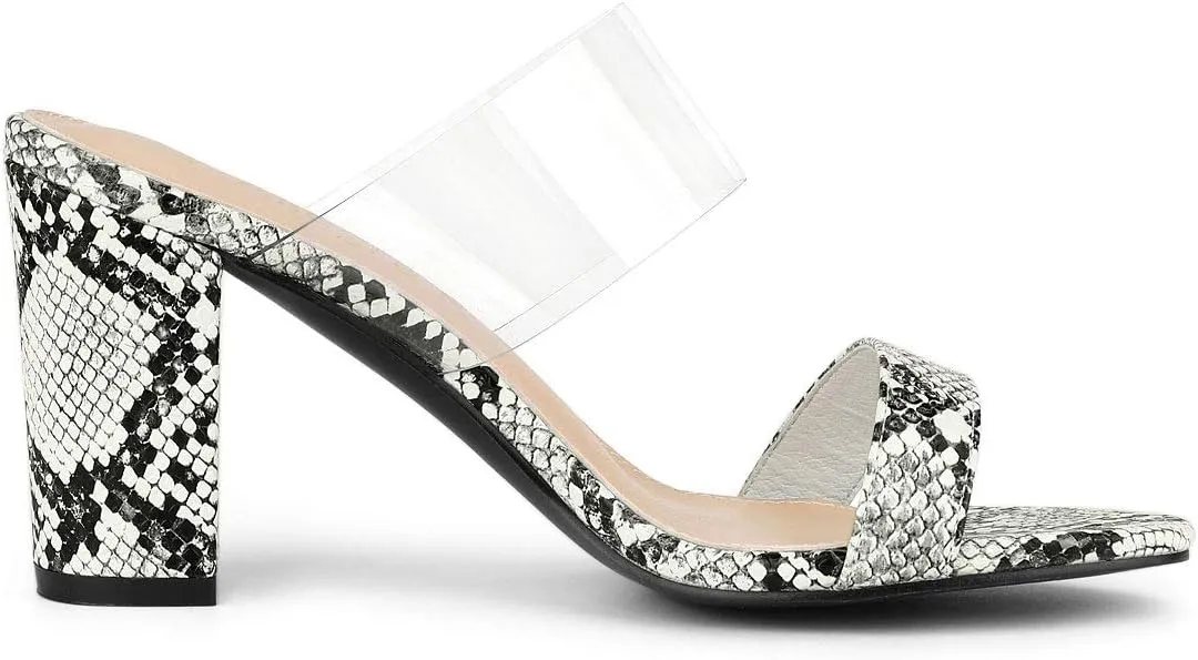Allegra K Women's Snake Print Block Heel Snakeskin Heels Slide Sandals