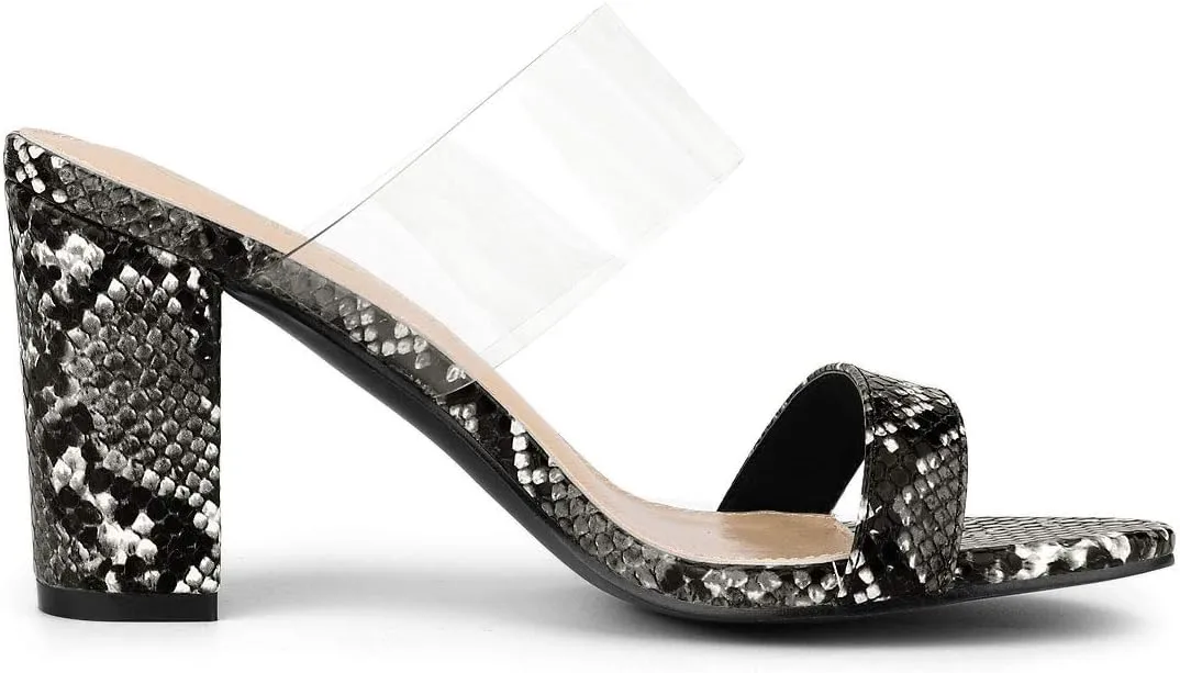 Allegra K Women's Snake Print Block Heel Snakeskin Heels Slide Sandals