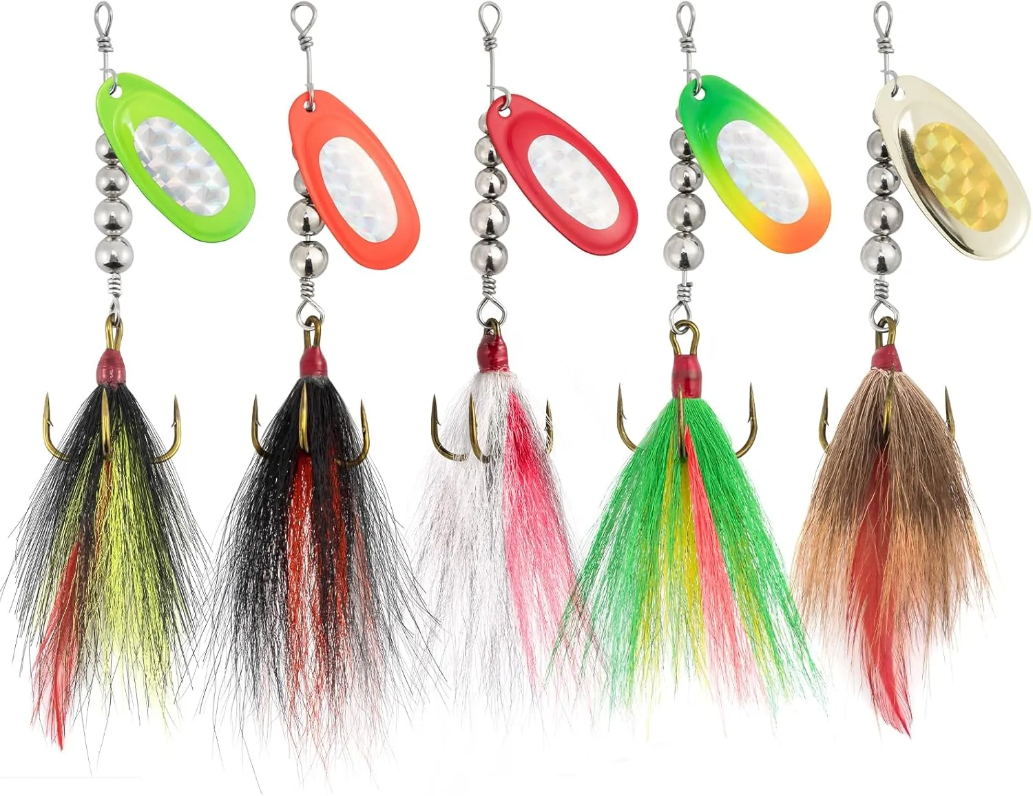 Alownder 5PCS Musky Lures Bucktail Spinnerbait Muskie Fishing Lures, French Blade Stainless Steel Shaft Beads Triple Hook Inline Spinner Bait Kit for Pike Bass Trout Kokanee Salmon Fishing