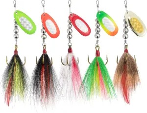 Alownder 5PCS Musky Lures Bucktail Spinnerbait Muskie Fishing Lures, French Blade Stainless Steel Shaft Beads Triple Hook Inline Spinner Bait Kit for Pike Bass Trout Kokanee Salmon Fishing