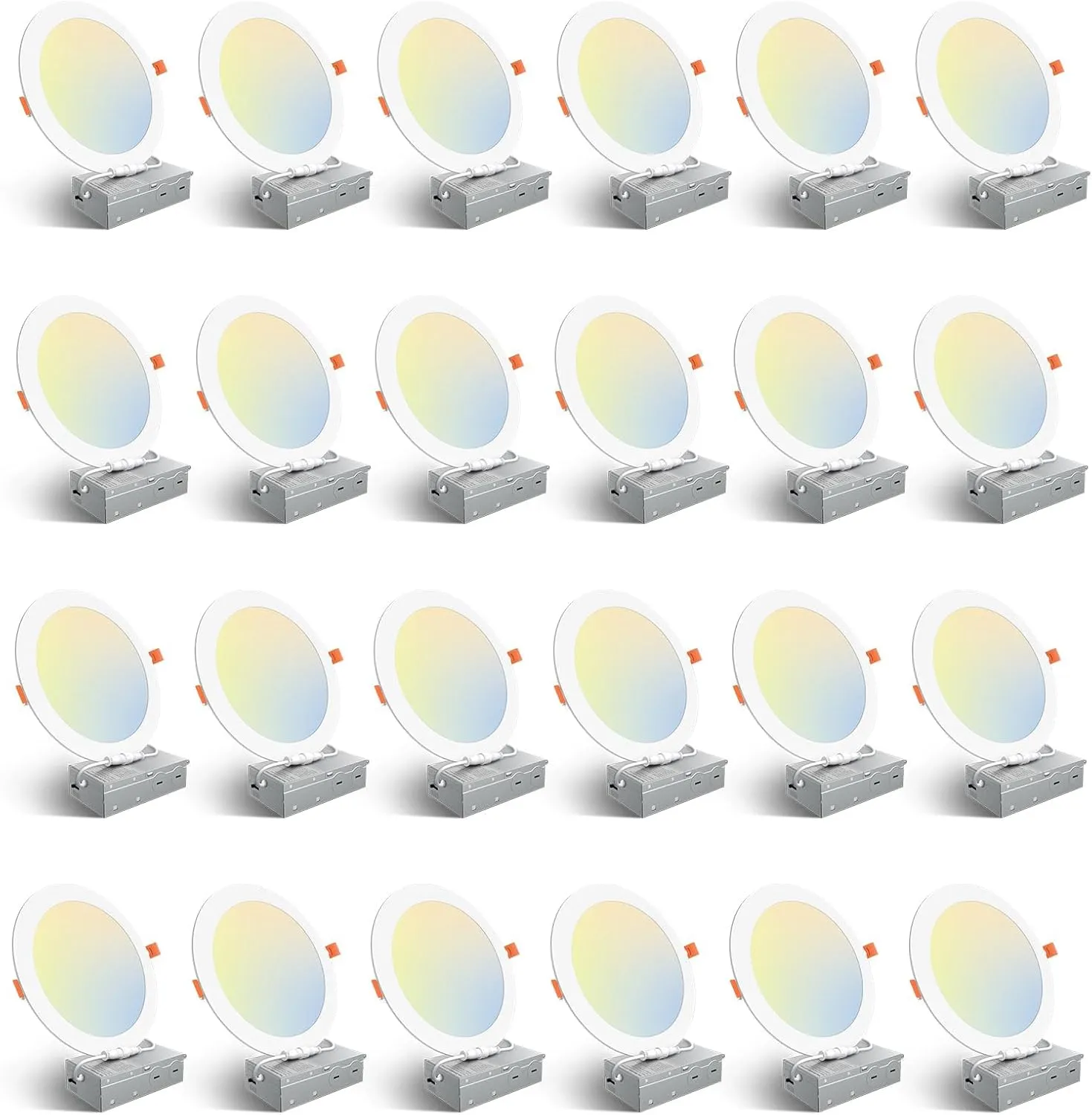 Amico 24 Pack 8 Inch 5CCT Ultra-Thin LED Recessed Ceiling Light with Junction Box, 2700K/3000K/3500K/4000K/5000K Selectable, 18W Eqv 125W, Dimmable Canless Wafer Downlight, 1500LM High Brightness -ETL