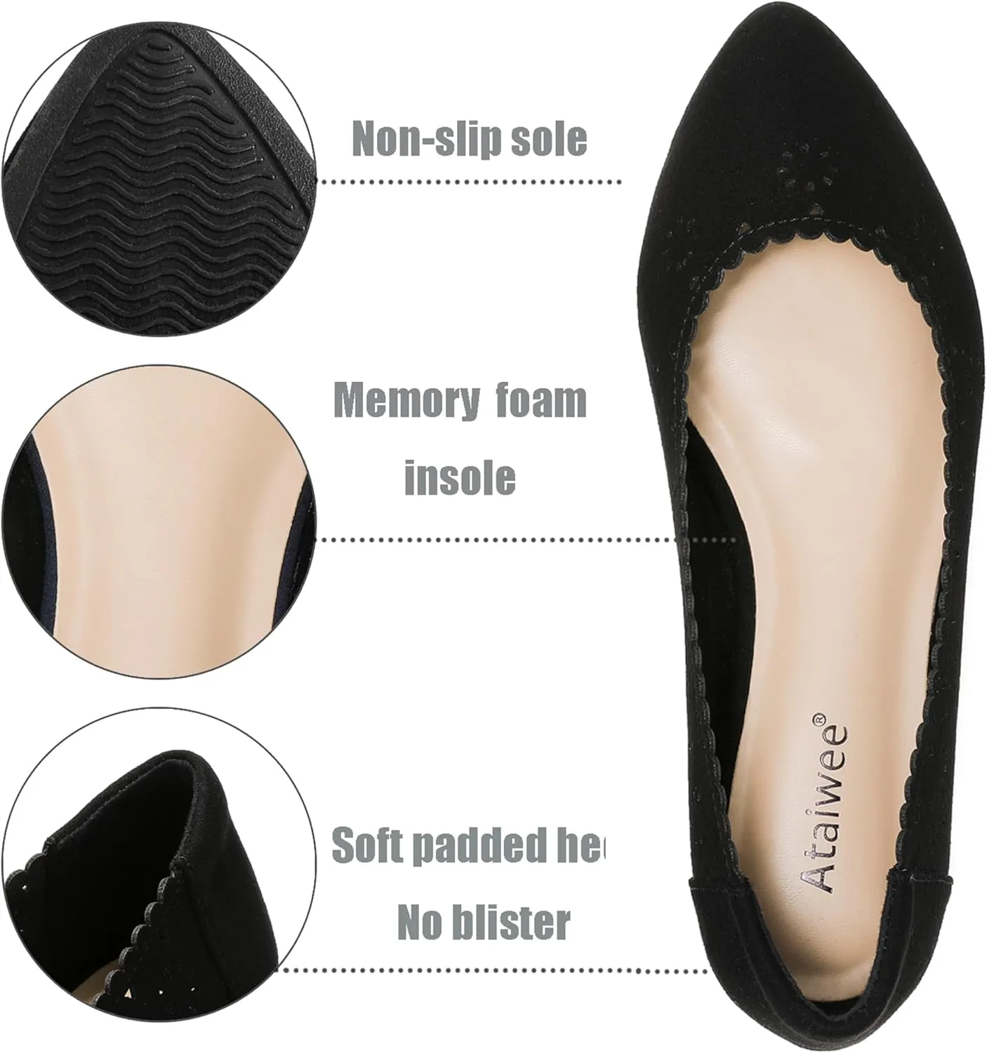 Ataiwee Women's Wide Flat Shoes - Pointed Ladies T-Strap Adjustable Summer Shoes.