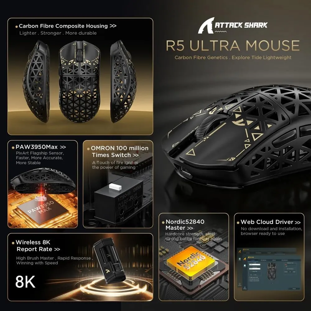 ATTACK SHARK R5Ultra 8K Carbon Fiber Wireless Gaming Mouse with 42000 DPI -PAW3950 MAX Sensor -39g Ultra-Lightweight-Nordic 52840 MCU Chip-Wired/BT/2.4GHz Wirelss Programmable Mouse for PC/Mac (Black)