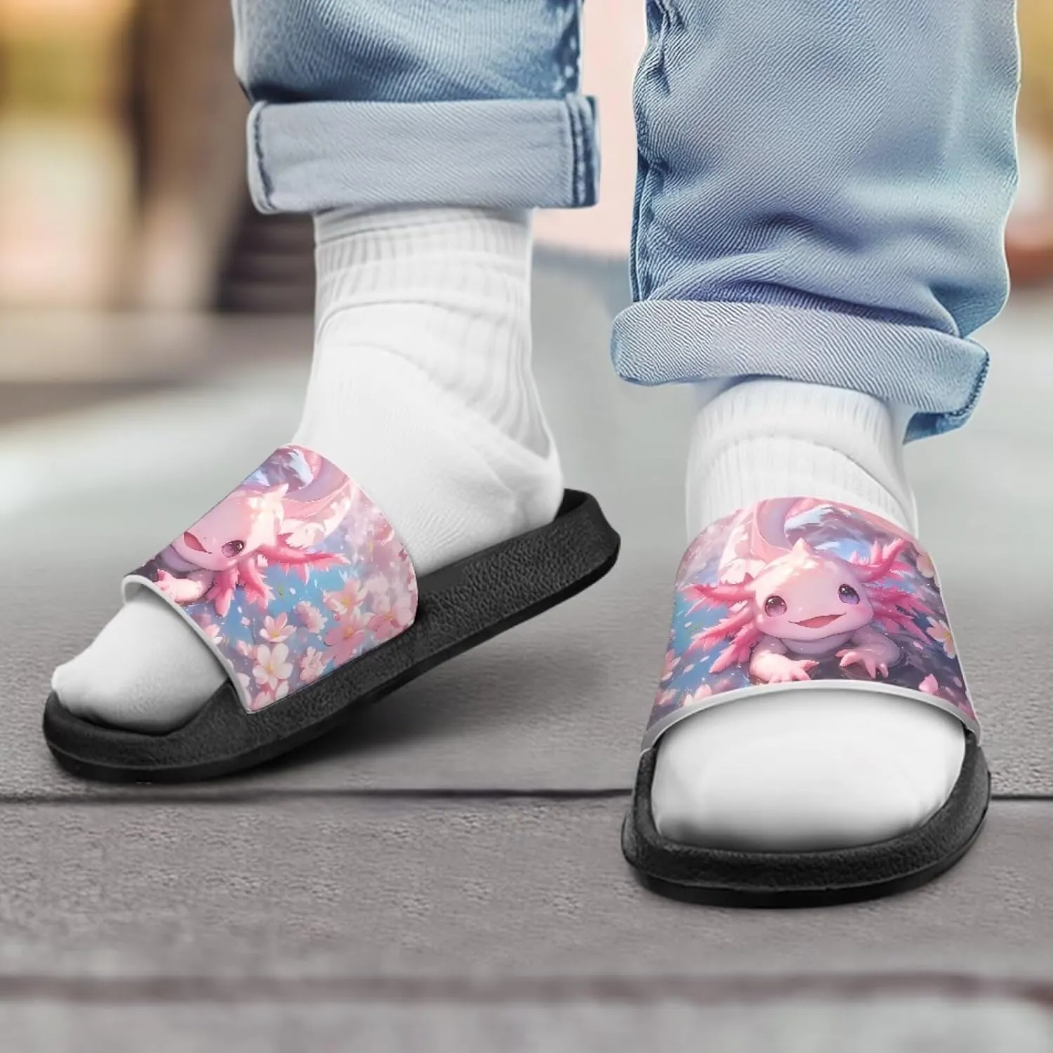 Axolotls Kids Sandals Summer Non Slip Open Toe Slippers for Boys Girls Cute Shower Beach Shoes Soft Footbed One Slide Sandal Lightweight Casual Outdoor Indoor Slipper