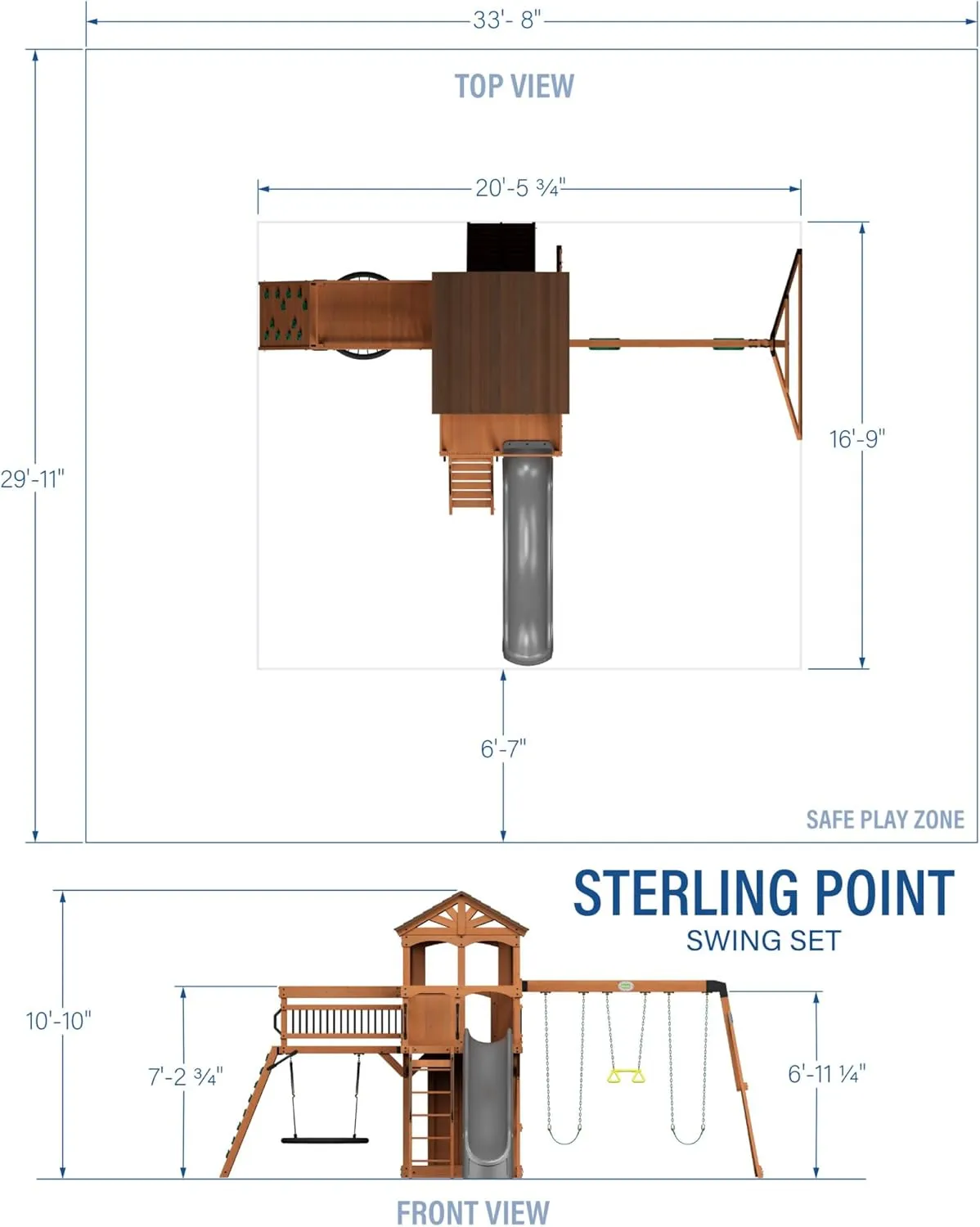 Backyard Discovery Sterling Point Cedar Wood Swing Set with Wave Slide, Raised Clubhouse, Wooden Bridge, Rock Wall, Belt Swings, Web Swing, Trapeze, Balcony, Climbing Wall, Ladder, Outdoor Playset