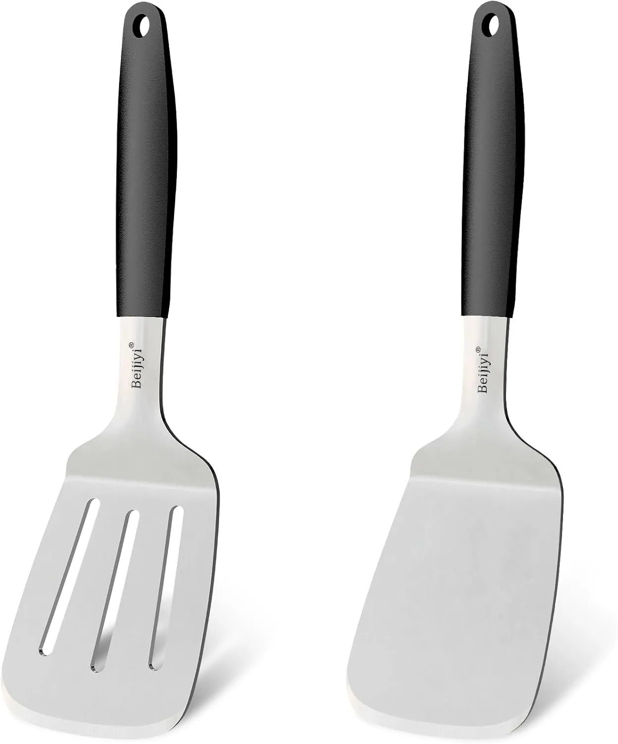Beijiyi Stainless Steel Spatulas Set, Solid and Slotted Metal Turner Spatula for Cooking Cast Iron Skillet, Kitchen and Griddle Spatula with Full Tang Silicone Handle for Smash Burger, Pancake, Egg