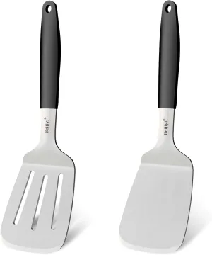 Beijiyi Stainless Steel Spatulas Set, Solid and Slotted Metal Turner Spatula for Cooking Cast Iron Skillet, Kitchen and Griddle Spatula with Full Tang Silicone Handle for Smash Burger, Pancake, Egg