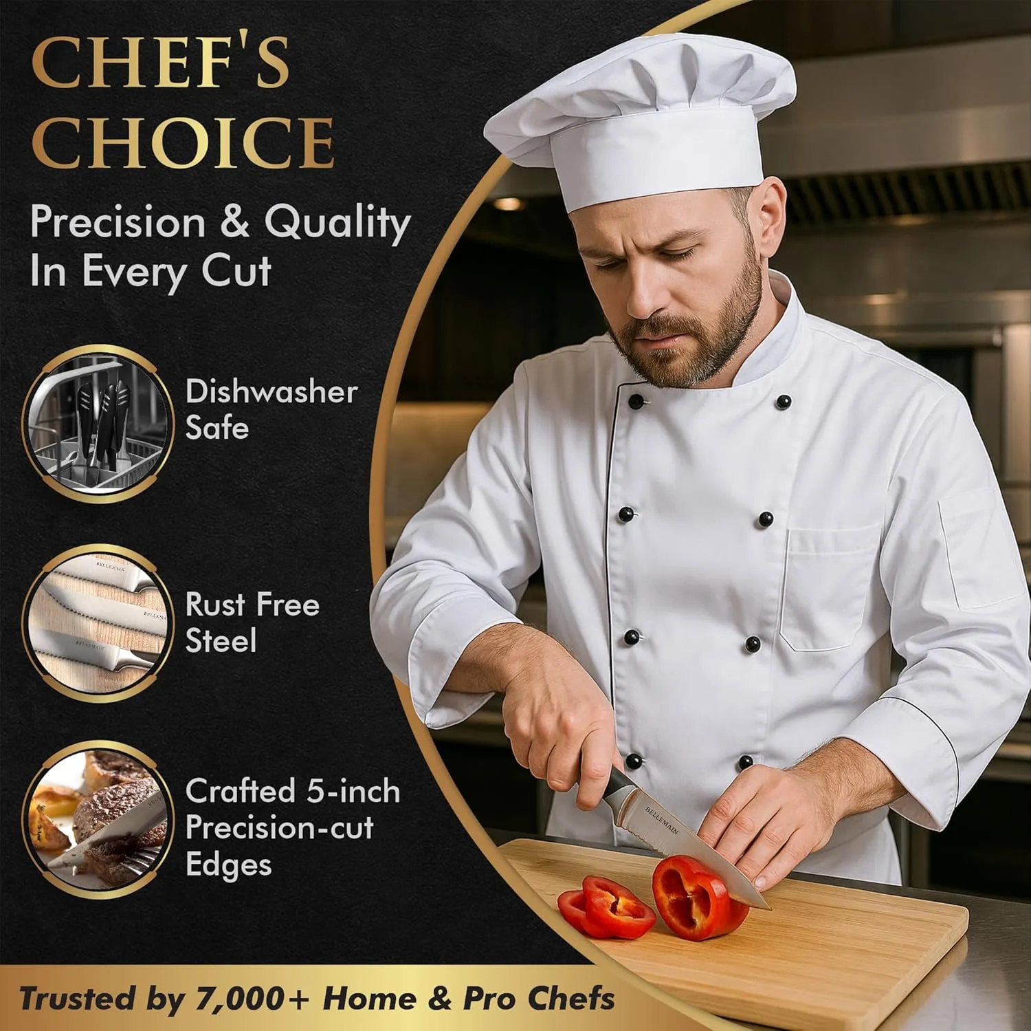 Bellemain Premium Steak Knives Set of 8, Kitchen Knife Sets with Steel Blades for Precise Cutting, Lightweight Steak Knife Set Stainless Steel & Durable, Serrated Steak Knives Dishwasher Safe