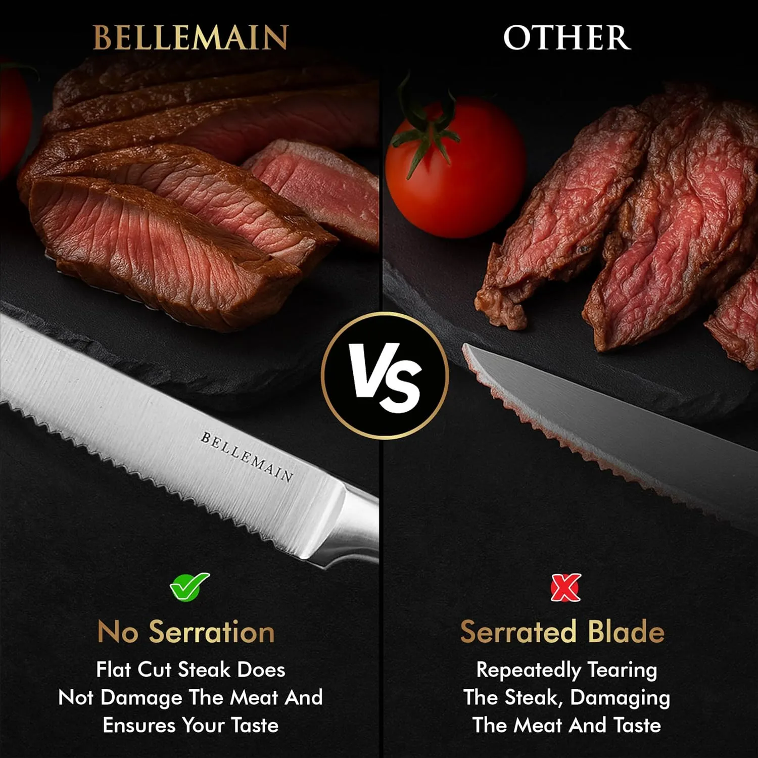 Bellemain Premium Steak Knives Set of 8, Kitchen Knife Sets with Steel Blades for Precise Cutting, Lightweight Steak Knife Set Stainless Steel & Durable, Serrated Steak Knives Dishwasher Safe