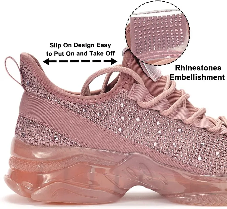BELOS Women's Rhinestone Mesh Slip On Walking Shoes Fashion Breathable Spakle Glitter Sneaker