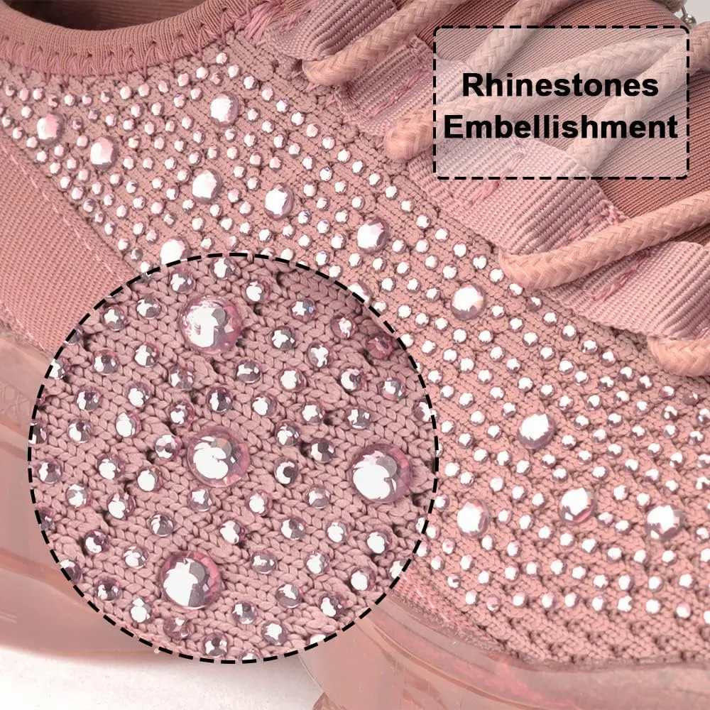 BELOS Women's Rhinestone Mesh Slip On Walking Shoes Fashion Breathable Spakle Glitter Sneaker