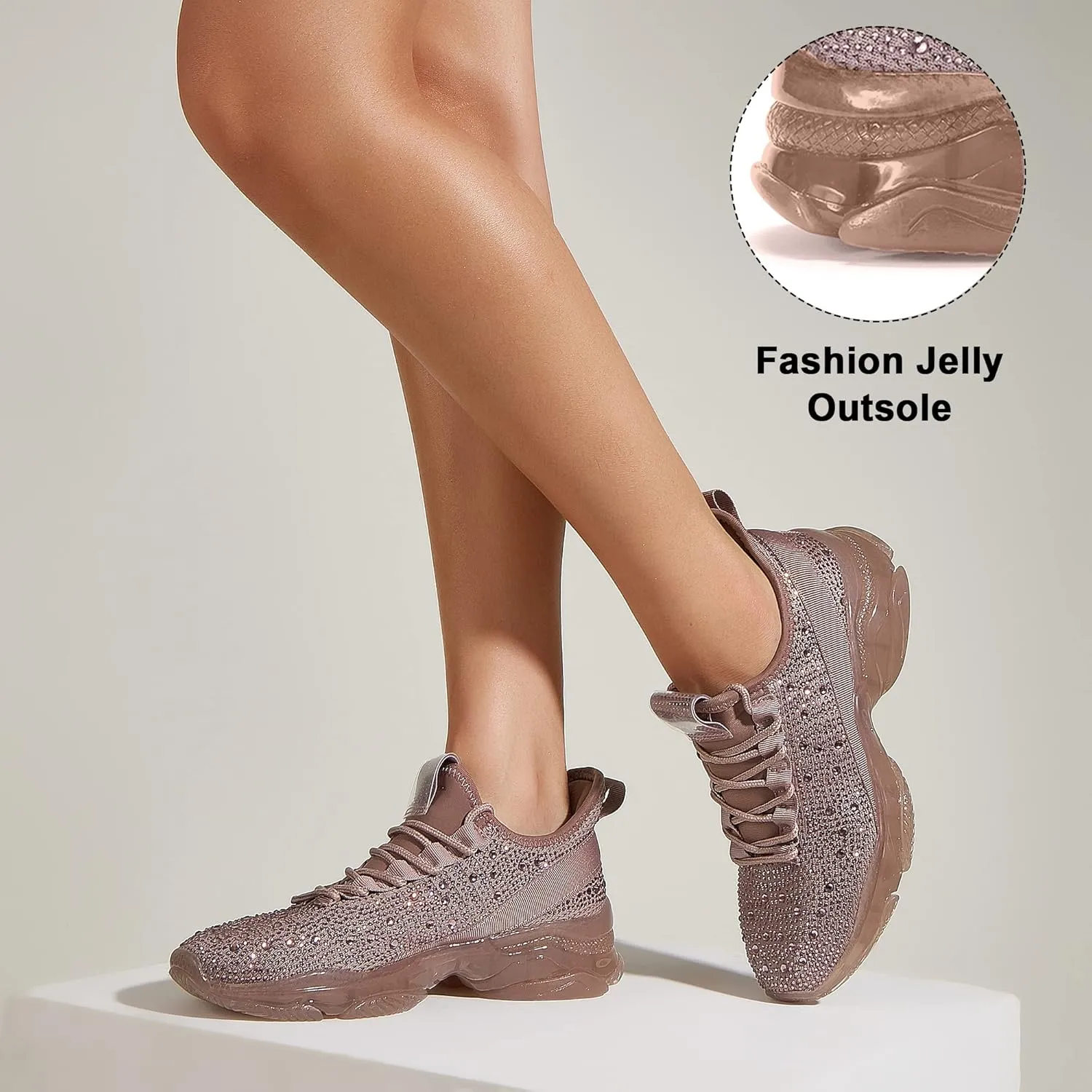 BELOS Women's Rhinestone Mesh Slip On Walking Shoes Fashion Breathable Spakle Glitter Sneaker