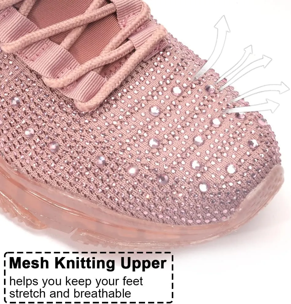 BELOS Women's Rhinestone Mesh Slip On Walking Shoes Fashion Breathable Spakle Glitter Sneaker
