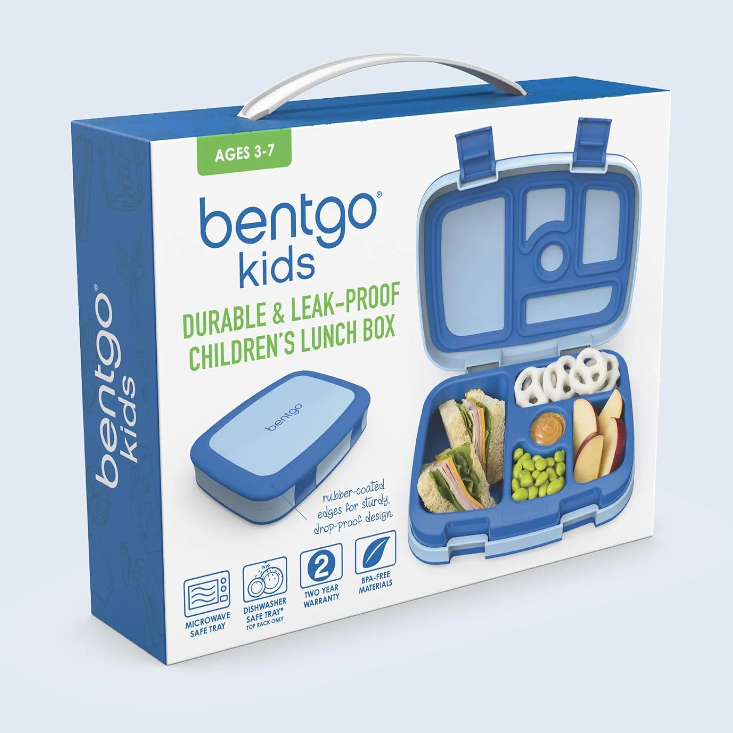 Bentgo Kids Bento-Style 5-Compartment Leak-Proof Lunch Box - Ideal Portion Sizes for Ages 3 to 7 - Durable, Drop-Proof, Dishwasher Safe, BPA-Free, & Made with Food-Safe Materials (Blue)