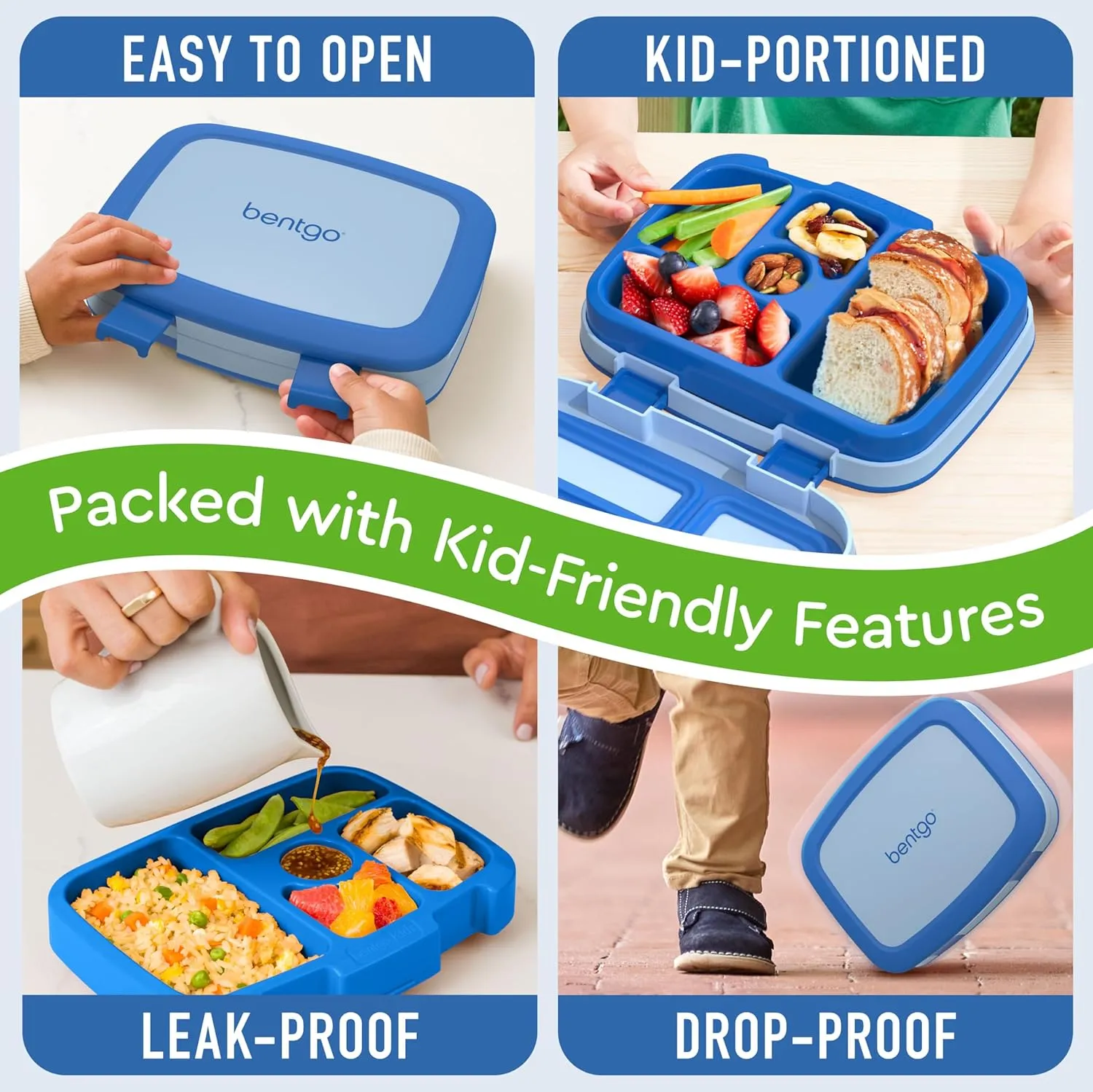 Bentgo Kids Bento-Style 5-Compartment Leak-Proof Lunch Box - Ideal Portion Sizes for Ages 3 to 7 - Durable, Drop-Proof, Dishwasher Safe, BPA-Free, & Made with Food-Safe Materials (Blue)