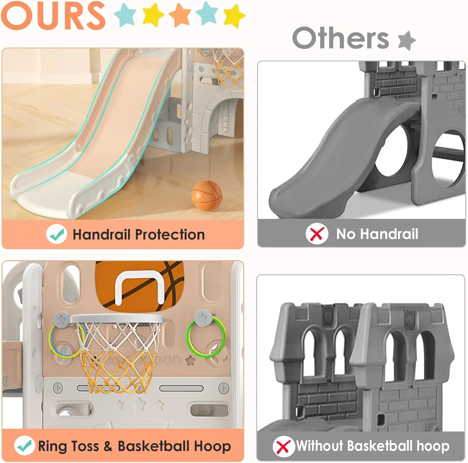 BIERUM 9 in 1 Toddler Slide, Baby Slide for Toddlers Age 1-3 with Ring Toss, Basketball Hoop and Telescope, Indoor Outdoor Playset Playground Beige Coffee
