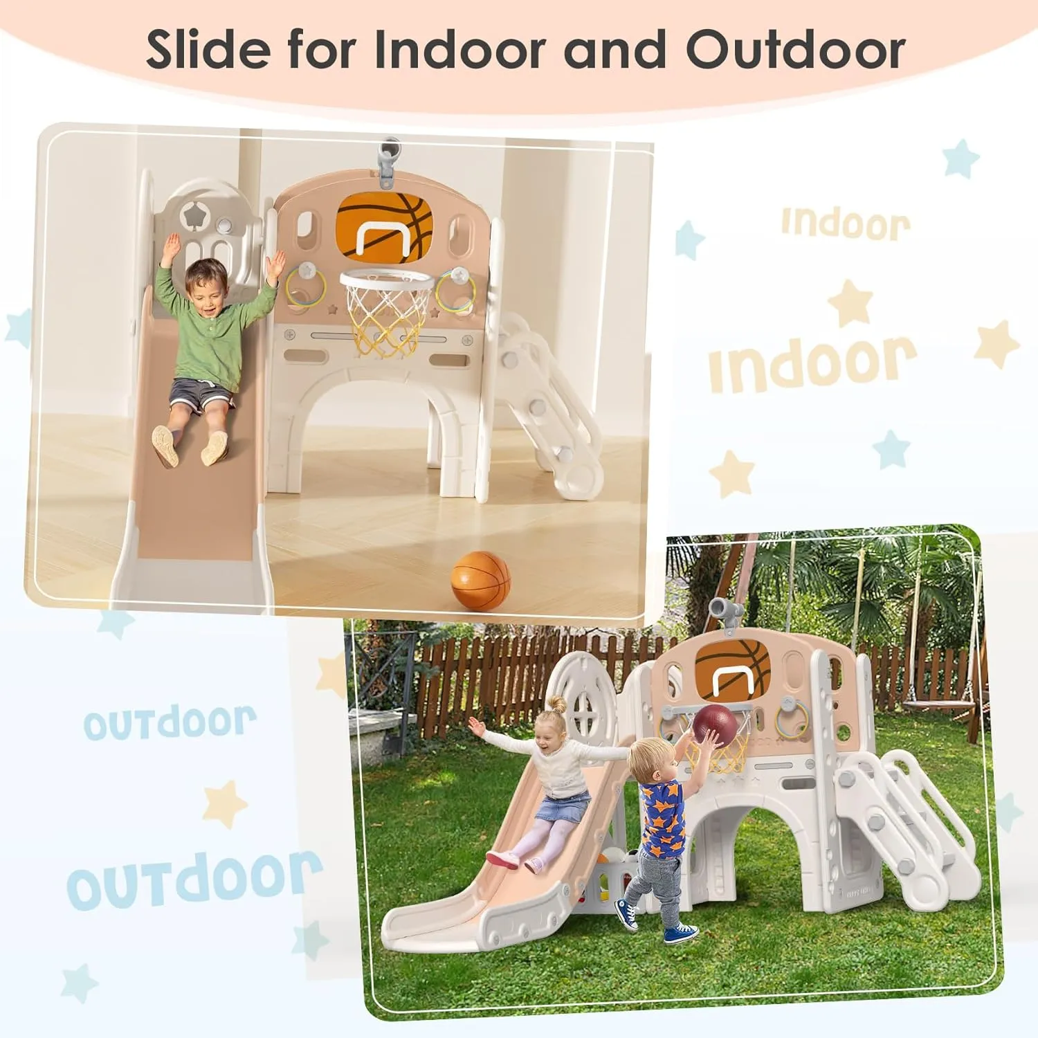 BIERUM 9 in 1 Toddler Slide, Baby Slide for Toddlers Age 1-3 with Ring Toss, Basketball Hoop and Telescope, Indoor Outdoor Playset Playground Beige Coffee
