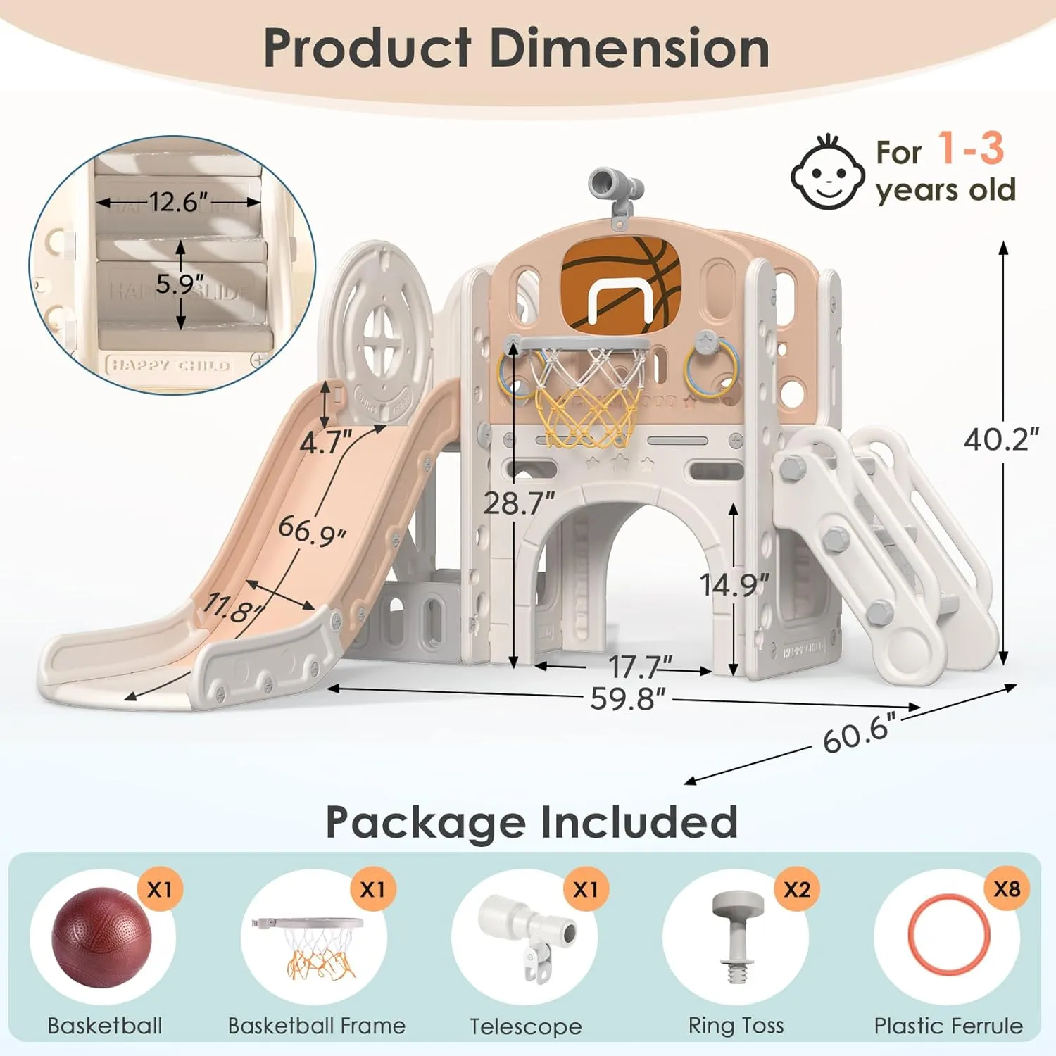 BIERUM 9 in 1 Toddler Slide, Baby Slide for Toddlers Age 1-3 with Ring Toss, Basketball Hoop and Telescope, Indoor Outdoor Playset Playground Beige Coffee