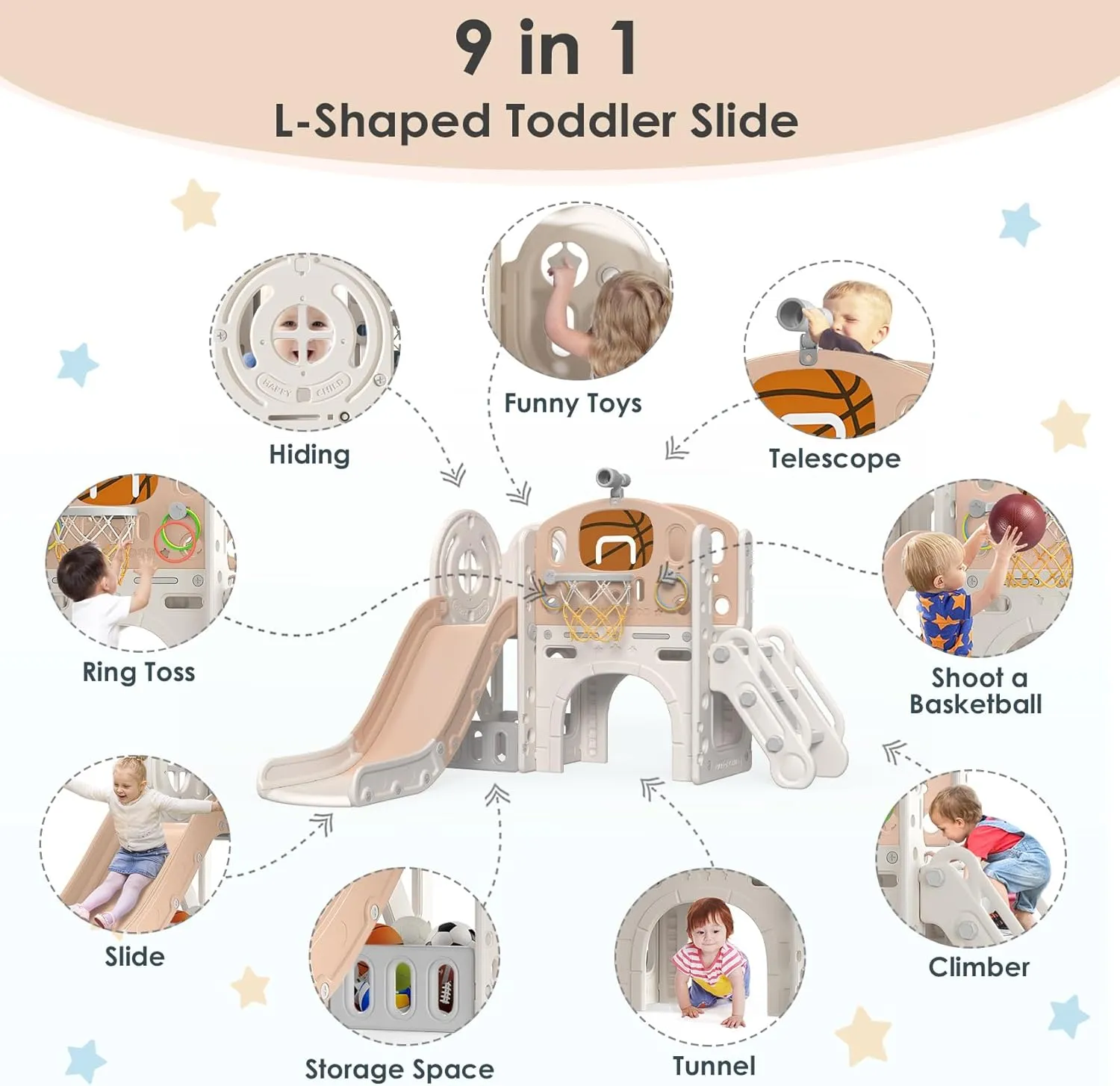 BIERUM 9 in 1 Toddler Slide, Baby Slide for Toddlers Age 1-3 with Ring Toss, Basketball Hoop and Telescope, Indoor Outdoor Playset Playground Beige Coffee