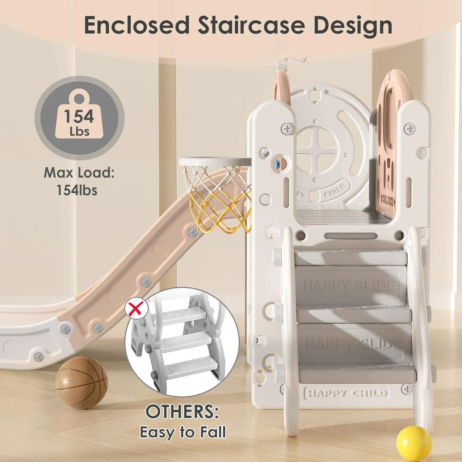 BIERUM 9 in 1 Toddler Slide, Baby Slide for Toddlers Age 1-3 with Ring Toss, Basketball Hoop and Telescope, Indoor Outdoor Playset Playground Beige Coffee