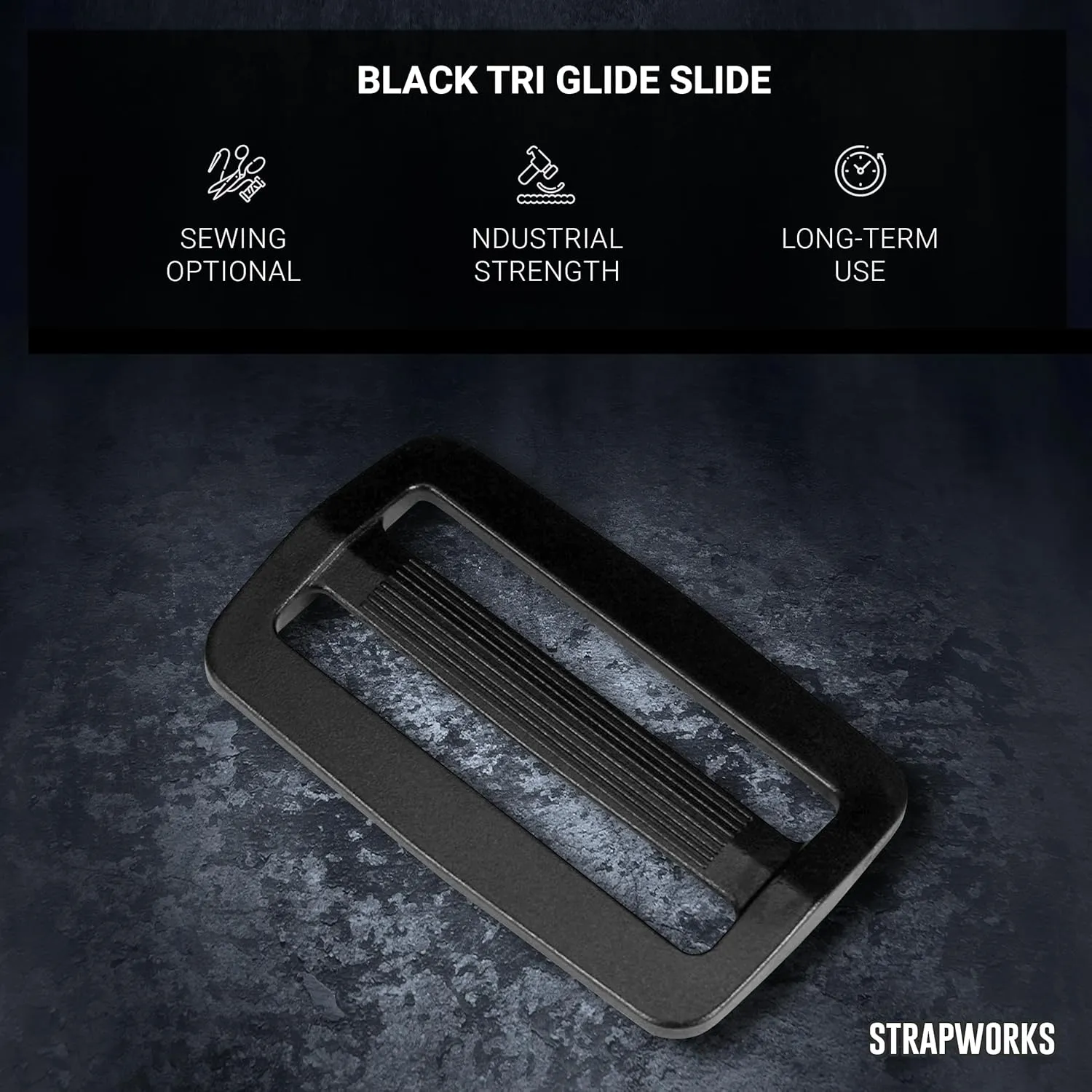 Black Plastic Tri-Glide Slide – for Bag Straps, Rifle Slings, Dog Collars - 2 Inch, 25 Pack