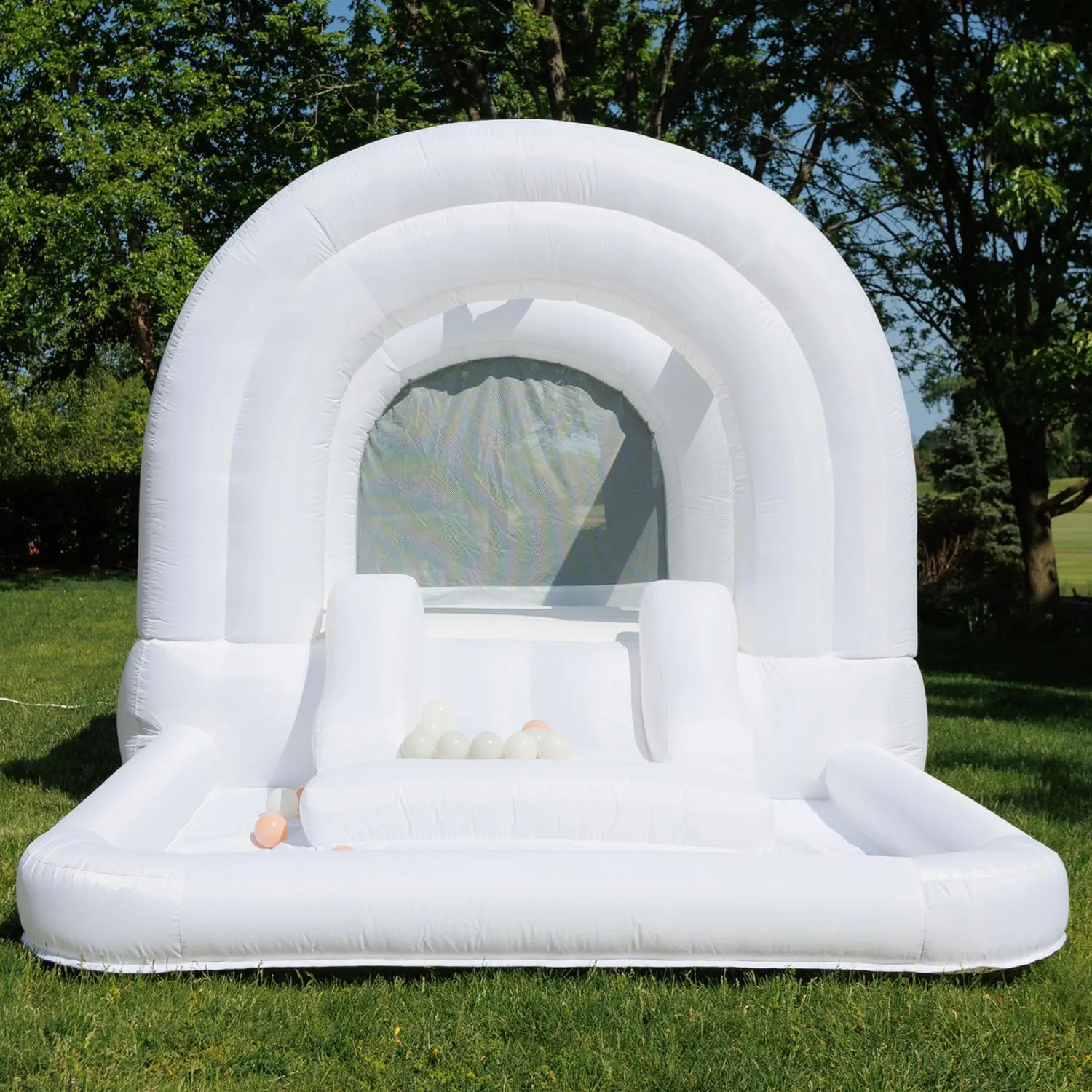 Bounceland Daydreamer Cloud Bounce House w/Ball Pit, Neutral Bouncer with Slide, 11.8 ft L x 6.9 ft W x 5.9 ft H, UL Blower Included, Basketball Hoop, 30 Pastel Plastic Balls, Trendy Bouncer for Kids