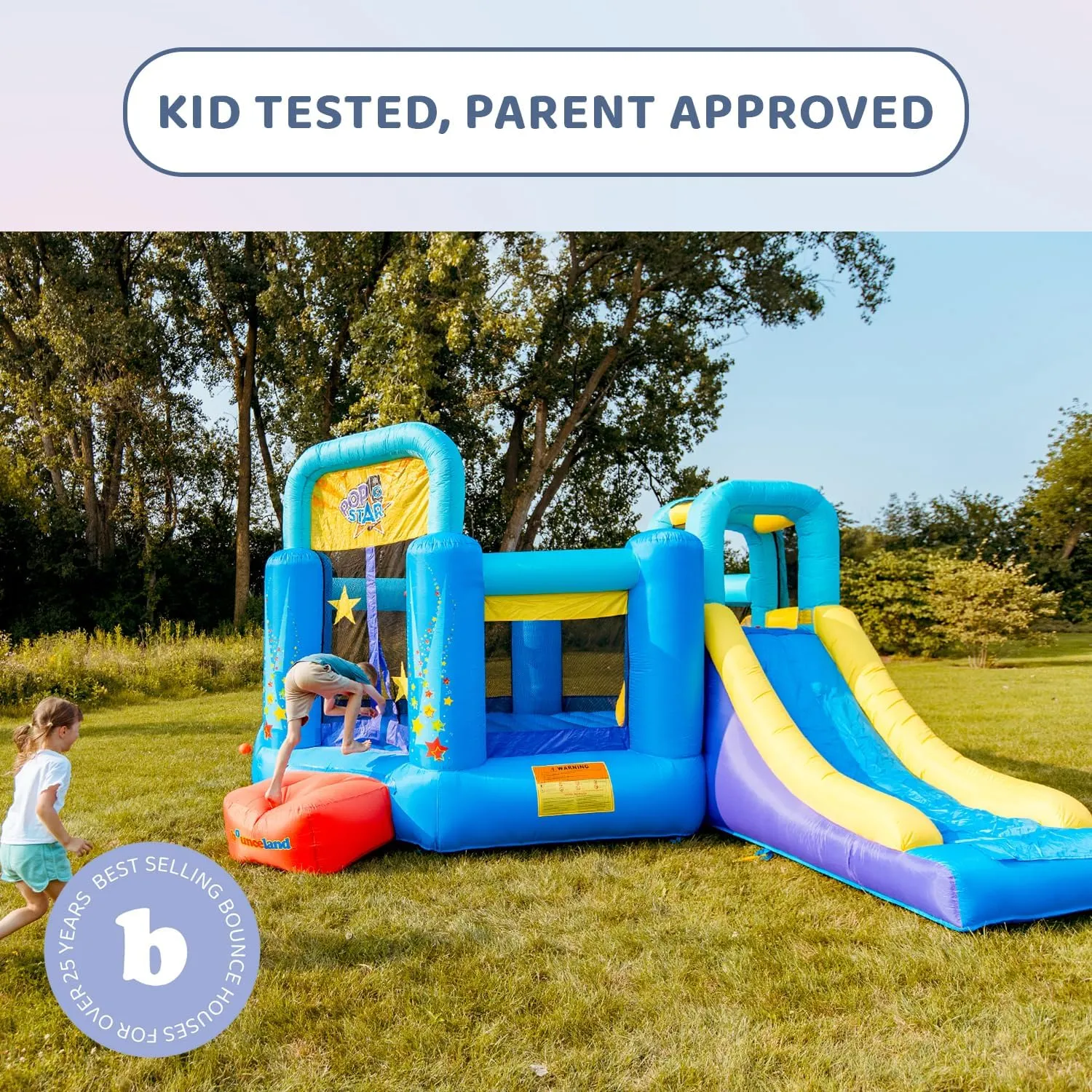 Bounceland Pop Star Inflatable Bounce House Bouncer, Large Bouncing Area with Long Slide, Climbing Wall, Basketball Hoop, UL 1HP Blower Included, 15 ft x 13 ft x 8.3 ft H, Pop Star Kids Party Theme