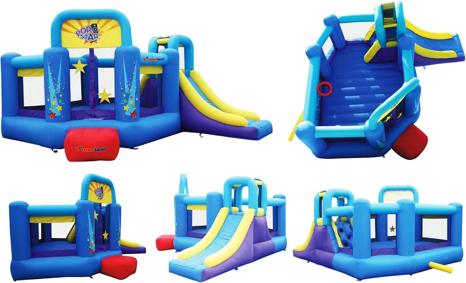 Bounceland Pop Star Inflatable Bounce House Bouncer, Large Bouncing Area with Long Slide, Climbing Wall, Basketball Hoop, UL 1HP Blower Included, 15 ft x 13 ft x 8.3 ft H, Pop Star Kids Party Theme