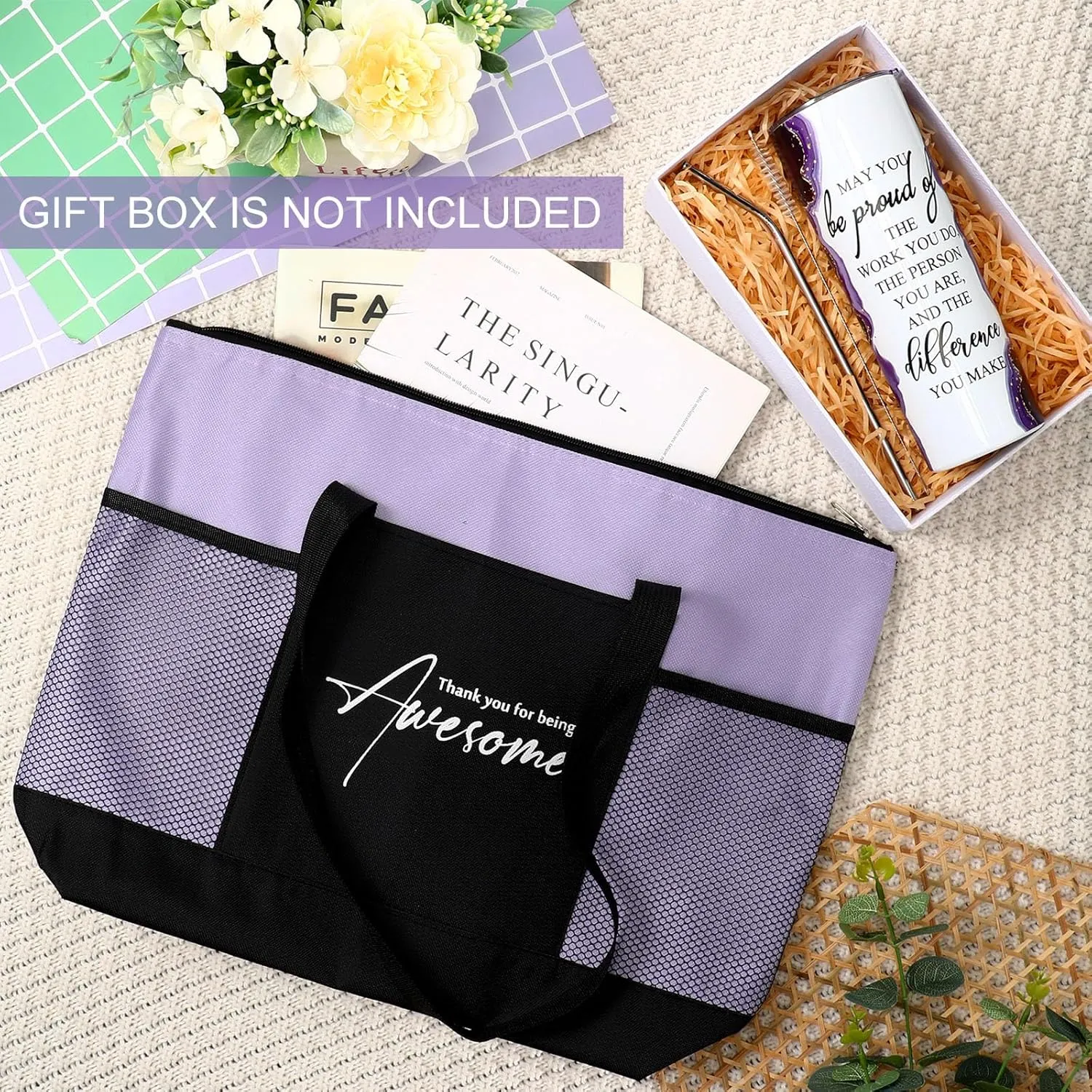 Buryeah 2 Pcs Employee Appreciation Week Gift 20 oz Marble Sign Tumbler with Lid Large Tote Bag with Mesh Pockets Thank You Gift for Volunteer Assistant Coworker Nurse (Purple)
