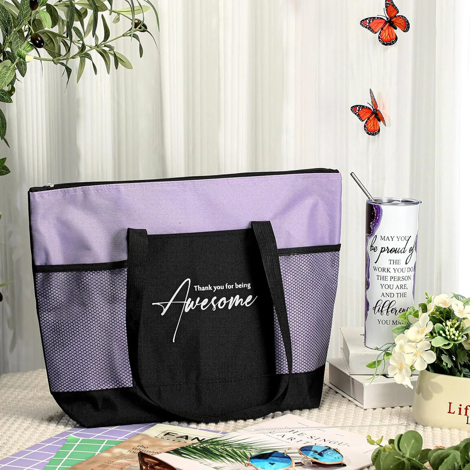Buryeah 2 Pcs Employee Appreciation Week Gift 20 oz Marble Sign Tumbler with Lid Large Tote Bag with Mesh Pockets Thank You Gift for Volunteer Assistant Coworker Nurse (Purple)