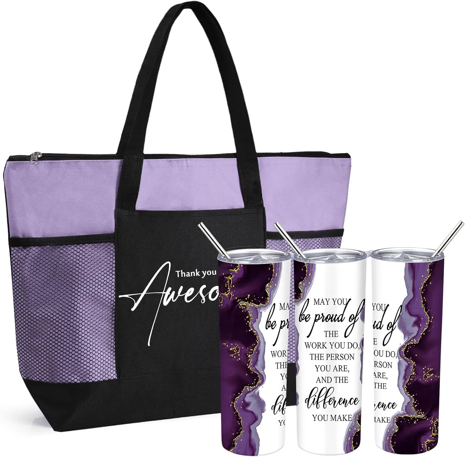 Buryeah 2 Pcs Employee Appreciation Week Gift 20 oz Marble Sign Tumbler with Lid Large Tote Bag with Mesh Pockets Thank You Gift for Volunteer Assistant Coworker Nurse (Purple)