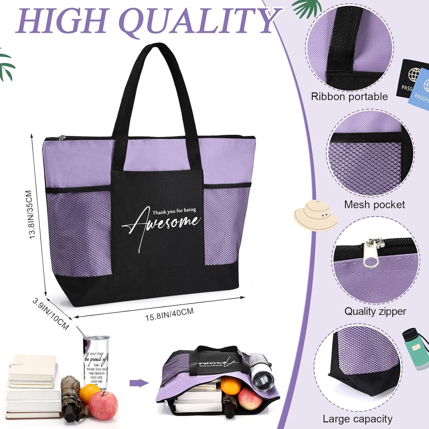 Buryeah 2 Pcs Employee Appreciation Week Gift 20 oz Marble Sign Tumbler with Lid Large Tote Bag with Mesh Pockets Thank You Gift for Volunteer Assistant Coworker Nurse (Purple)