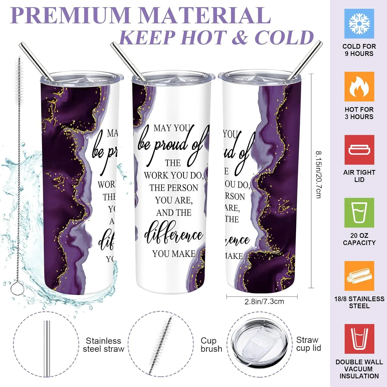 Buryeah 2 Pcs Employee Appreciation Week Gift 20 oz Marble Sign Tumbler with Lid Large Tote Bag with Mesh Pockets Thank You Gift for Volunteer Assistant Coworker Nurse (Purple)