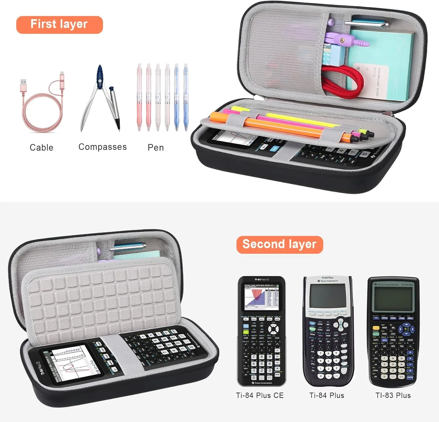 Canboc Carrying Case for Texas Instruments Ti-84 Plus CE/Ti-84 Plus/TI-83 Plus Color Graphing Calculator, Mesh Bag fit Cables, Manual, Black