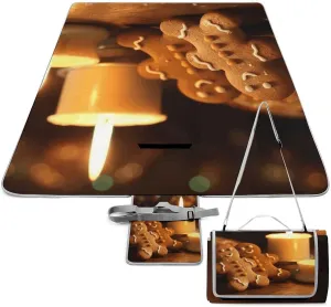Candles and Gingerbread Men Picnic Blanket Outdoor, Oversized Beach Blanket, Foldable Lightweight Waterproof Sand Cushion Suitable for Beaches, Camping Grasslands Mat