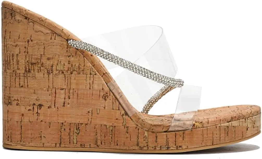 Cape Robbin Women's Rhinestone Cork Clear Platform Slip on Wedge Heels Sandals