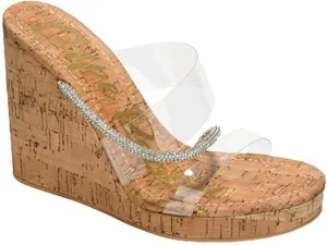 Cape Robbin Women's Rhinestone Cork Clear Platform Slip on Wedge Heels Sandals