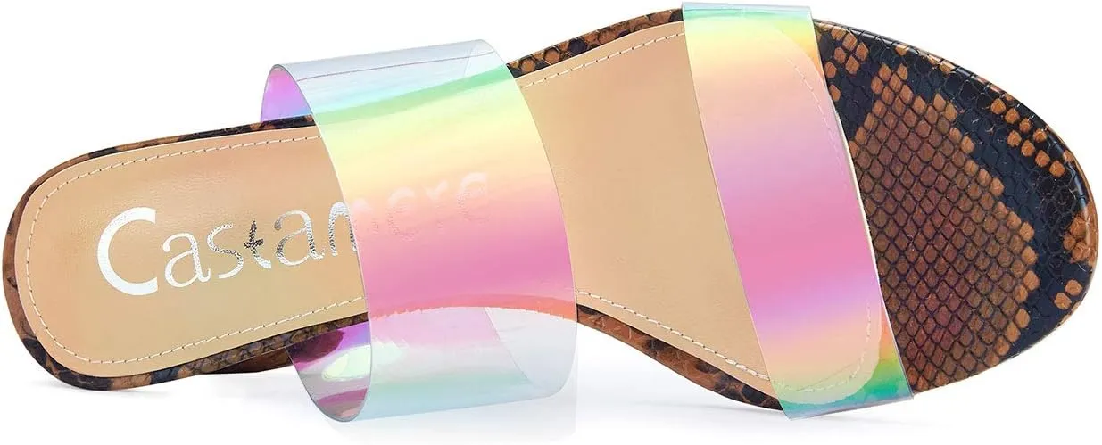 Castamere Womens Chunky Block Mid Heels Sandals Slip On Transparent Ankle Strap Open Toe 5CM Heeled Sandal