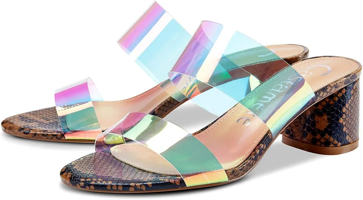 Castamere Womens Chunky Block Mid Heels Sandals Slip On Transparent Ankle Strap Open Toe 5CM Heeled Sandal
