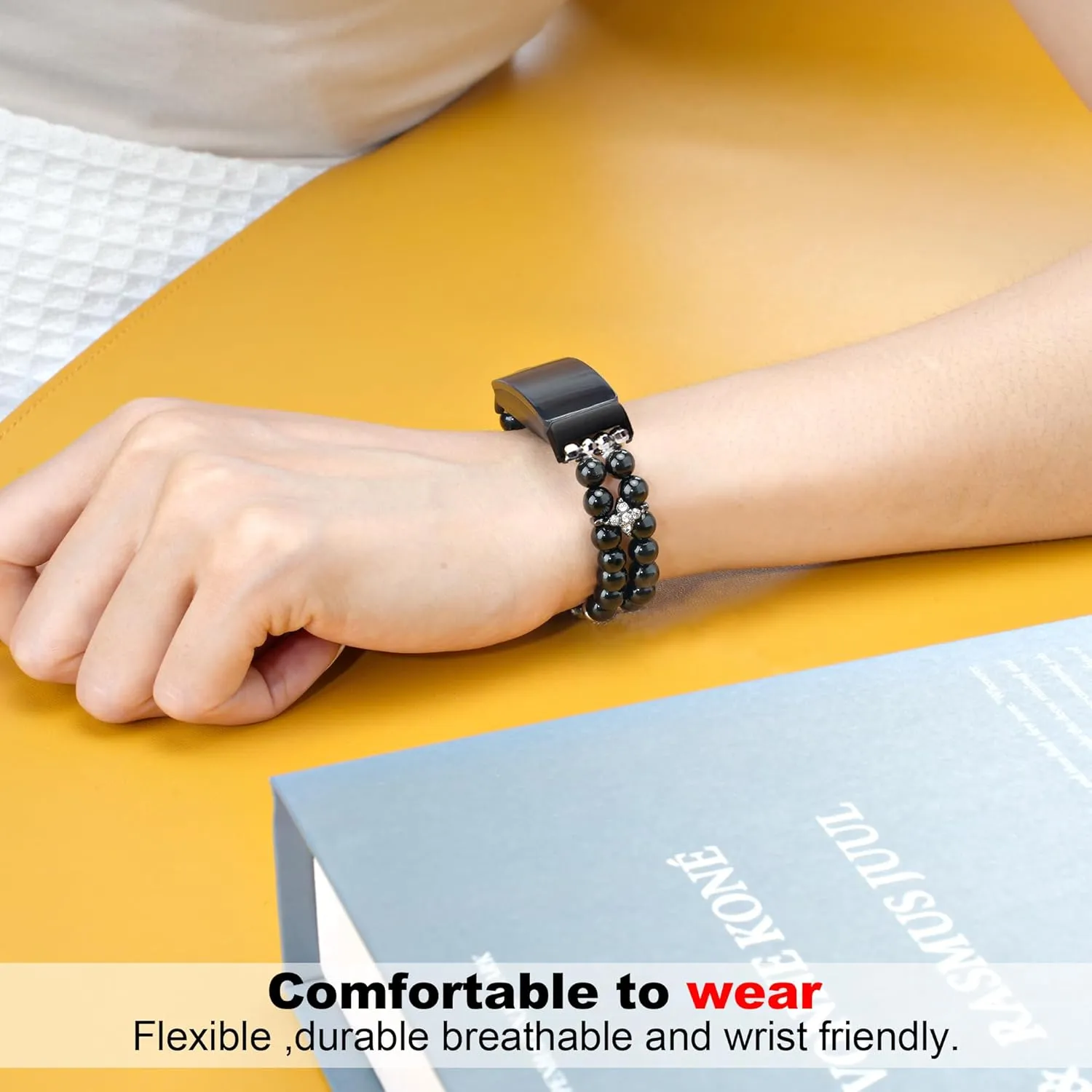 Compatible for Fitbit Inspire HR/Inspire 2 & Inspire Bands Women Elastic Handmade Pearl Bracelet Fashion Beaded Strap Bracelet for Inspire Hr/Inspire 2 (Black)