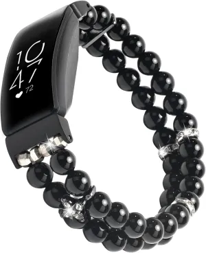 Compatible for Fitbit Inspire HR/Inspire 2 & Inspire Bands Women Elastic Handmade Pearl Bracelet Fashion Beaded Strap Bracelet for Inspire Hr/Inspire 2 (Black)