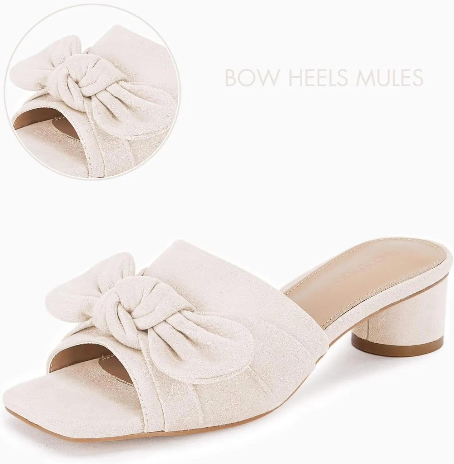 Coutgo Womens Bow Slides Sandals Wide Width Slip On Chunky Low Heels Square Open toe Elagant Summer Shoes