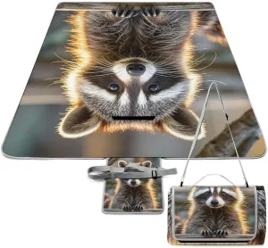 Cute Raccoon Picnic Blanket Outdoor, Oversized Beach Blanket, Foldable Lightweight Waterproof Sand Cushion Suitable for Beaches, Camping Grasslands Mat