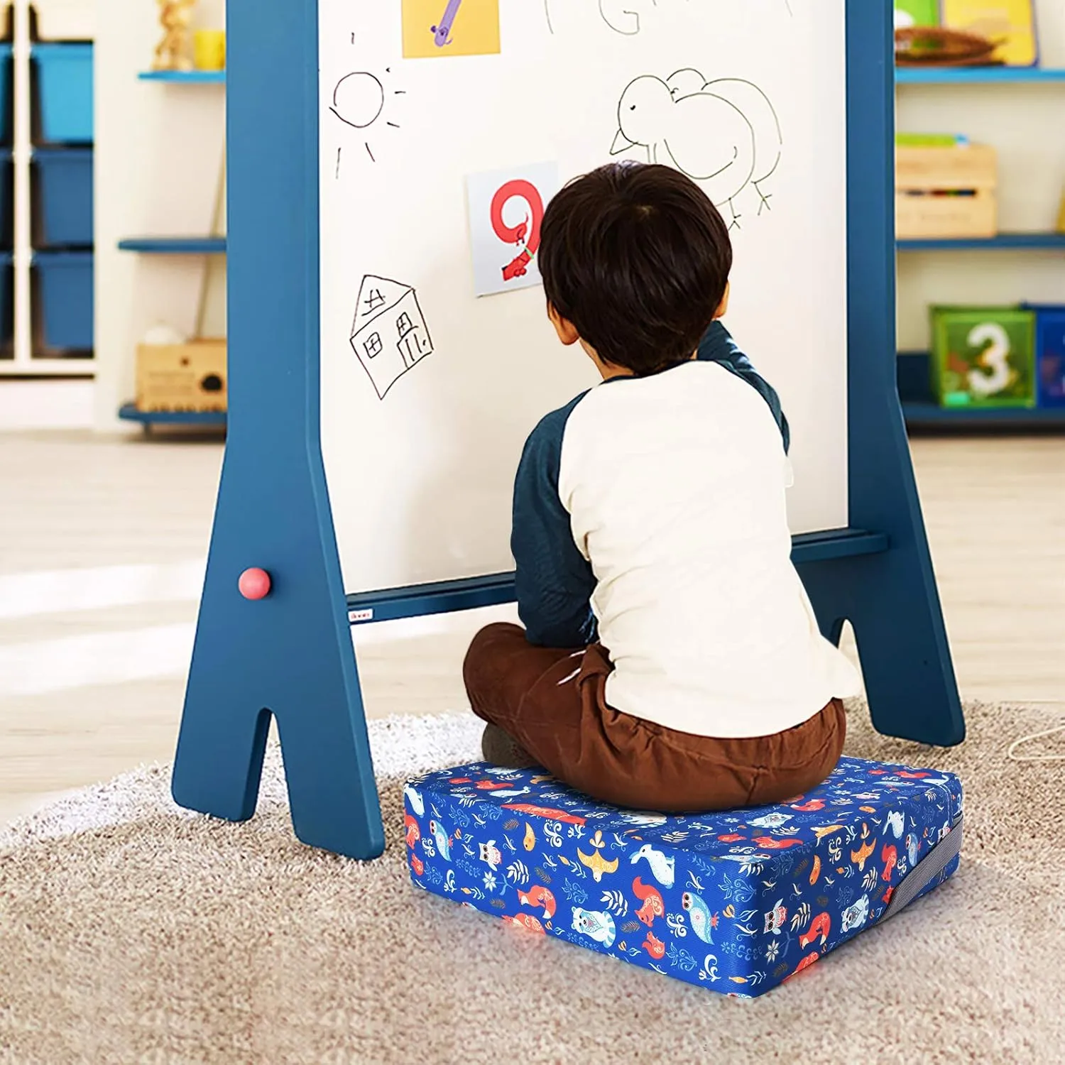 Dining Chair Heightening Cushion Portable Dismountable Adjustable Highchair Booster for Baby Toddler Kids Infant Washable Thick Chair Seat Pad Mat (Blue Bear)